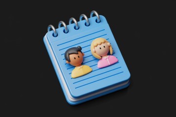Fototapete - A 3D render of a notepad with two cartoon figures representing a contact list.
