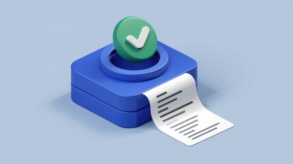 Poster - A 3D rendering of a blue device printing a checklist  signifying task completion and verification.