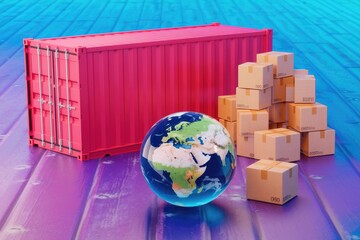 Poster - Global shipping and logistics concept with cargo container and globe.