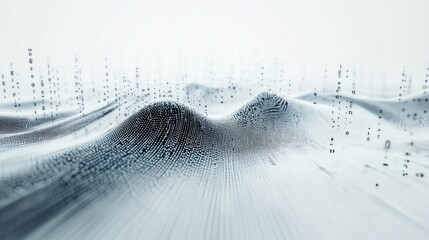Poster - quantum numbers represented as glowing data streams flowing around a central point, with a clean whi