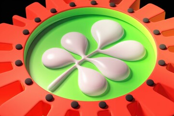 Fototapete - Abstract 3D rendering of a stylized flower or leaf on a vibrant orange and green gear.