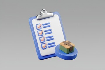 Poster - 3D render of a checklist clipboard with a package  signifying order fulfillment or package tracking.
