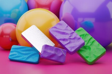 Poster - Colorful textured blocks and spheres arranged on a pink surface. A vibrant  abstract 3D render.