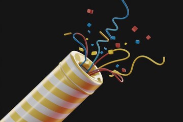 Poster - A yellow and white striped party popper explodes  releasing colorful confetti and streamers.