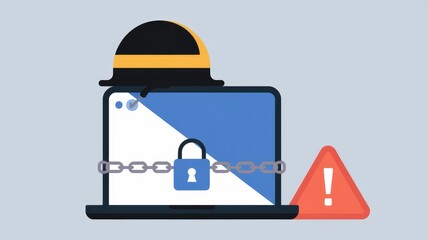 Poster - Laptop secured with a chain and lock  indicating data protection and security breach warning.