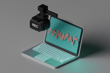 Fototapete - A 3D render of a laptop displaying a waveform with a miniature recording device.
