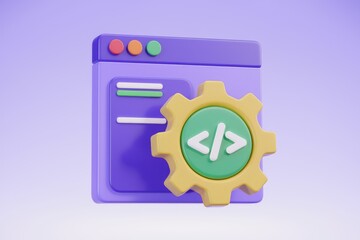 Poster - 3D render of a website with a gear representing web development and coding.