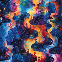 Wall Mural - Abstract colorful painting of interconnected human profiles and cosmic scenes.