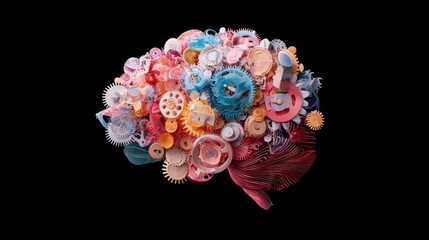 Poster - Colorful Abstract Brain Composed of Gears and Mechanisms in Vibrant Design Against Black Background