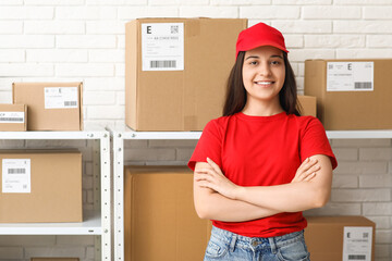 Wall Mural - Portrait of female worker at postal warehouse