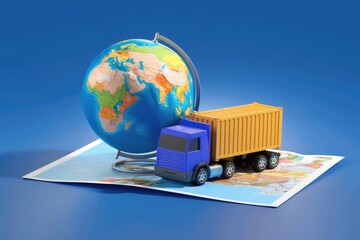 Poster - Global logistics and transportation concept illustrated with a miniature truck on a world map.