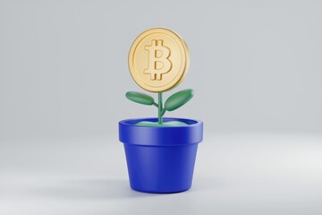 Poster - A golden Bitcoin coin grows as a plant in a blue pot  symbolizing cryptocurrency investment growth.