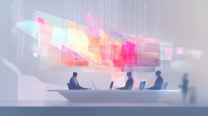 Poster - Creative Business Meeting with Holographic Visuals Presenting Data and Ideas in a Futuristic Setting