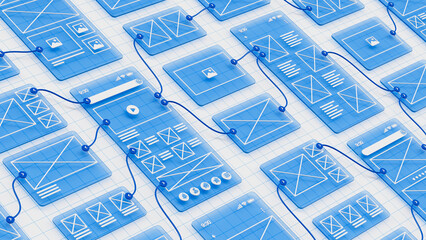 Aufkleber - UX UI flowchart connection node graphic designer creative planning application process development data prototype wireframe for web mobile icon phone . User experience concept. 3d rendering.