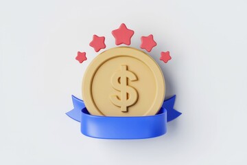 Aufkleber - Five star rated dollar coin with blue ribbon  symbolizing financial success and high quality.