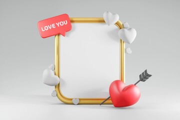 Poster - Golden frame with hearts  arrow pierces heart  speech bubble says 'Love You'