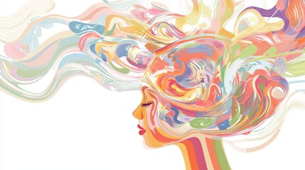 Poster - Vibrant Portrait of a Human Head with Colorful Swirling Patterns Representing Creativity and Imagination
