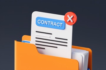 Poster - Rejected contract document in an orange folder; signifying disapproval or cancellation.