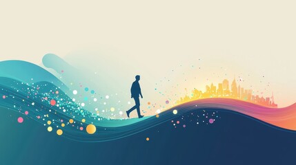 Poster - A Human Silhouette Walking Along a Vibrant Artistic Path Towards a City Skyline at Sunset