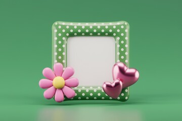 Poster - A green polka dotted frame decorated with a pink flower and hearts.