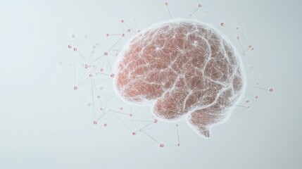 Poster - a brain made of interconnected digital nodes and quantum symbols, floating in a clean white space re