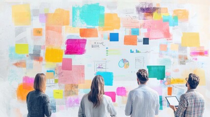 Poster - Diverse Group of Professionals Collaborating on Innovative Ideas Against a Colorful Wall of Post-Its and Charts