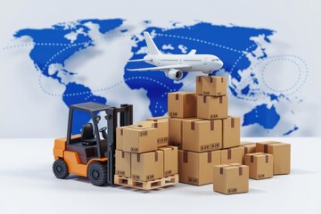 Poster - Global logistics concept with forklift  boxes  airplane on map.