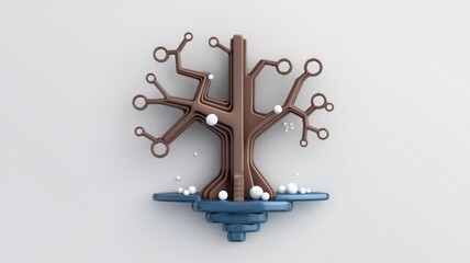 Poster - Abstract 3D render of a stylized tree with metallic branches and white spheres  on a blue base.
