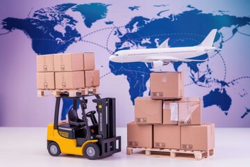Poster - Global logistics concept with cardboard boxes on forklift and airplane against world map background.