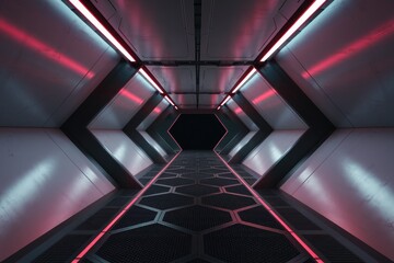 Poster - Futuristic metallic corridor with red neon lights  creating a sleek and modern sci fi atmosphere.