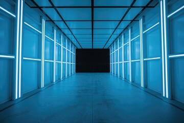 Poster - A futuristic blue lit corridor with a sleek  minimalist design. 