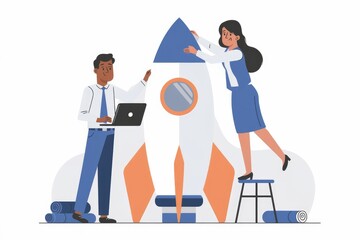 Leinwandbilder - Two businesspeople collaboratively launch a rocket  symbolizing a successful startup or project.