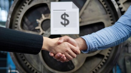 Aufkleber - Business deal symbolized by handshake in front of gear.