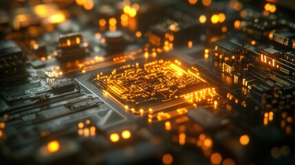 Poster - electronic chips and superconductors in a high-tech laboratory with soft glowing lights emphasizing 