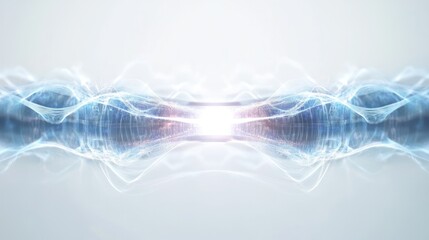 Poster - conceptual image of a sleek and minimalistic quantum processing unit surrounded by dynamic waves
