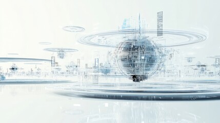 Poster - system with floating data streams and architectural blueprints emerging from a central hub,