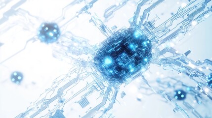 Poster - Futuristic quantum computer design with intricate circuits and glowing blue nodes suspended