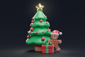 Aufkleber - A 3D rendered Christmas tree decorated with ornaments  a gift  and a gingerbread man.