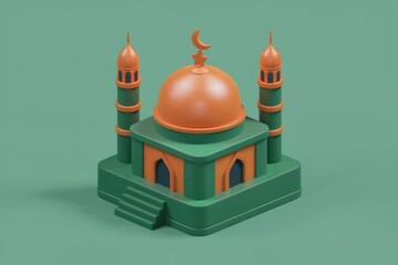Aufkleber - A 3D model of a mosque  showcasing its architectural details with a green base and orange dome.