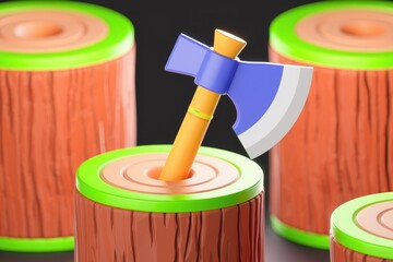 Poster - A cartoon axe is about to chop a wooden log  surrounded by other logs.