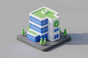Poster - A 3D isometric rendering of a modern office building with a green roof  surrounded by small trees.