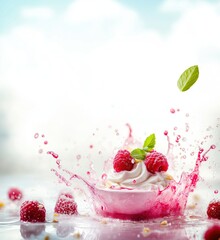 Poster - Raspberry splash dessert, creamy yogurt topped with fresh raspberries, mint leaves, vibrant pink splash, bright background, copy space for text
