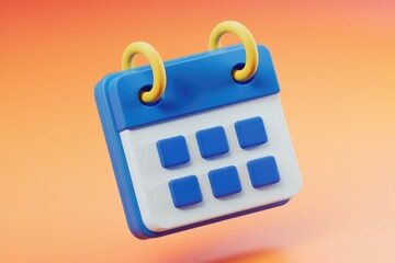 Poster - A 3D rendered blue calendar icon with yellow hanging rings  symbolizing scheduling and planning.