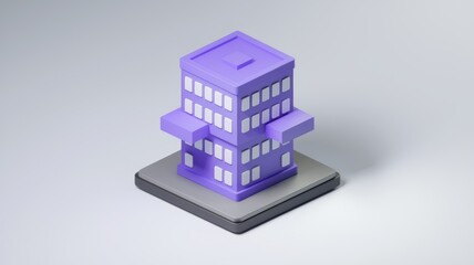 Poster - A low poly 3D model of a purple building on a gray base.
