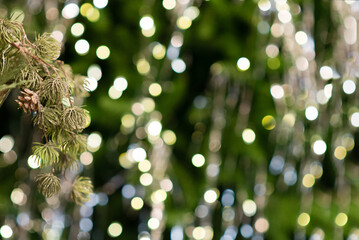 Wall Mural - merry christmas and new year holidays background. blurred bokeh background with light bulbs and chri