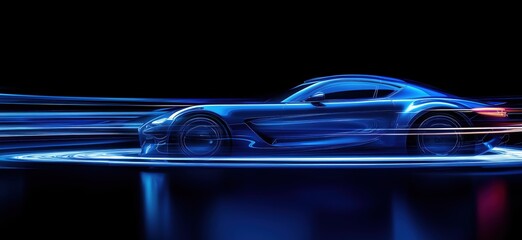 Poster - Futuristic blue sports car with light trails, sleek design, dynamic motion, glowing effects, dark background, copy space for text