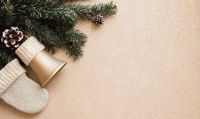 Christmas bell, Christmas tree branch, and three Christmas stockings on a gold background with glitter. Generative AI 