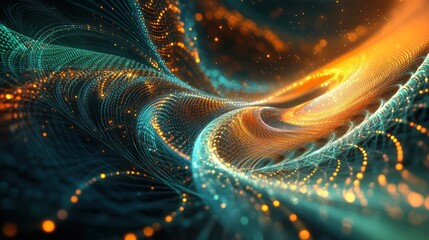 Poster - mechanics, with intricate fractal patterns and interwoven light beams. The artwork combines cool tones of blue and green with warm hues of orange and red,