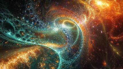 Poster - mechanics, with intricate fractal patterns and interwoven light beams. The artwork combines cool tones of blue and green with warm hues of orange and red,