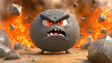 Angry Animated Character Surrounded by Fiery Explosions and Flying Rocks in a Dramatic Landscape
